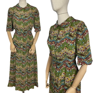 Original 1930's 1940's Green Crepe Day Dress with Floral Chevron Print in Red, Blue and Mustard