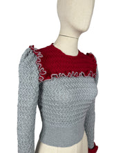 Load image into Gallery viewer, 1940s Reproduction Long Sleeved Jumper in Cherry Red and Light Grey with Frill Trim - Bust 34 36
