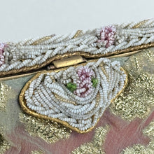 Load image into Gallery viewer, Original 1950&#39;s Gold Chiffon Bag with Beautiful Pink and White Beaded Frame and Clasp
