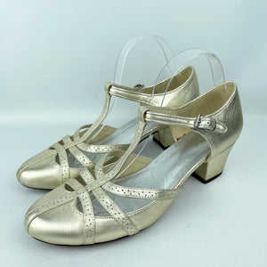 Re-Mix Starlet 1920's 1930's T-Strap Sandals in Gold Leather - UK Size 9