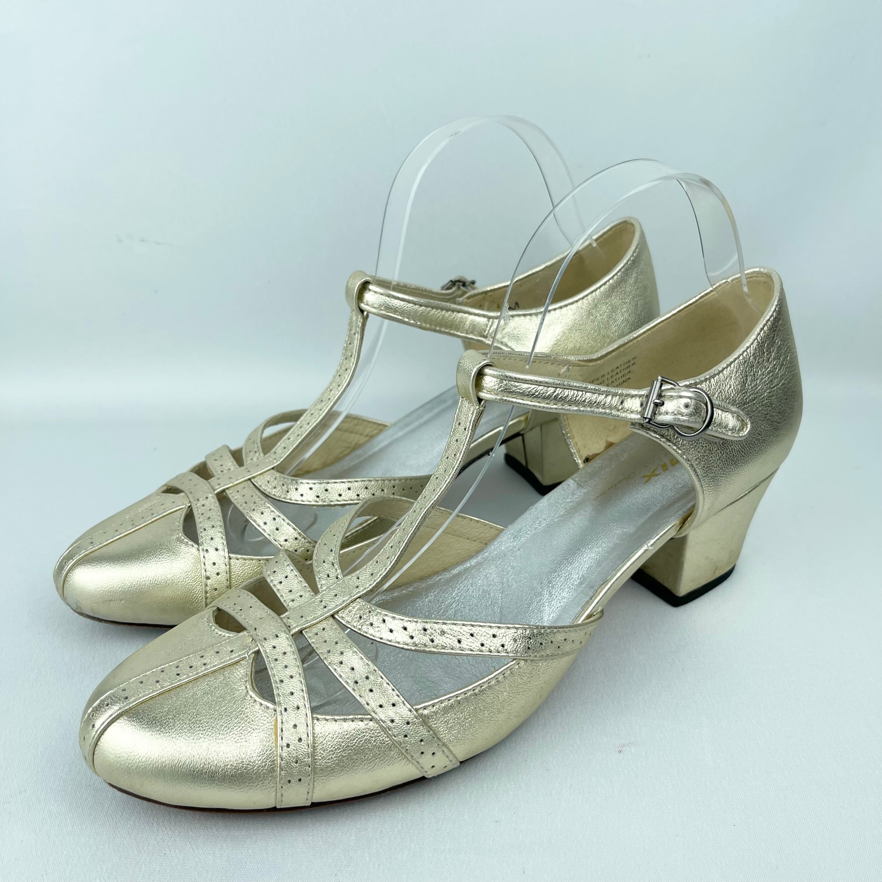 Re-Mix Starlet 1920's 1930's T-Strap Sandals in Gold Leather - UK