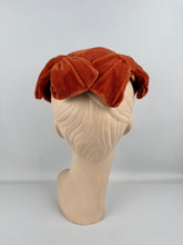 Load image into Gallery viewer, Original 1950&#39;s Burnt Orange Cotton Velvet Hat with Bow Detail
