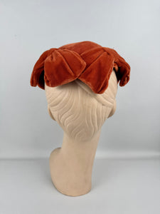 Original 1950's Burnt Orange Cotton Velvet Hat with Bow Detail