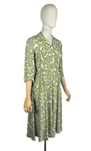 Load image into Gallery viewer, Original 1940’s Green and White Crepe Day Dress with Leaf Print - Bust 34 35
