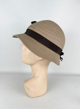 Load image into Gallery viewer, Original 1930&#39;s Taupe Seamed Felt Hat with Dark Brown Grosgrain Bow and Early Plastic Trim
