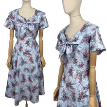 Load image into Gallery viewer, Original 1950&#39;s Floppy Blue Cotton Day Dress with Floral Sprays in Red, Yellow and White - Bust 38 40
