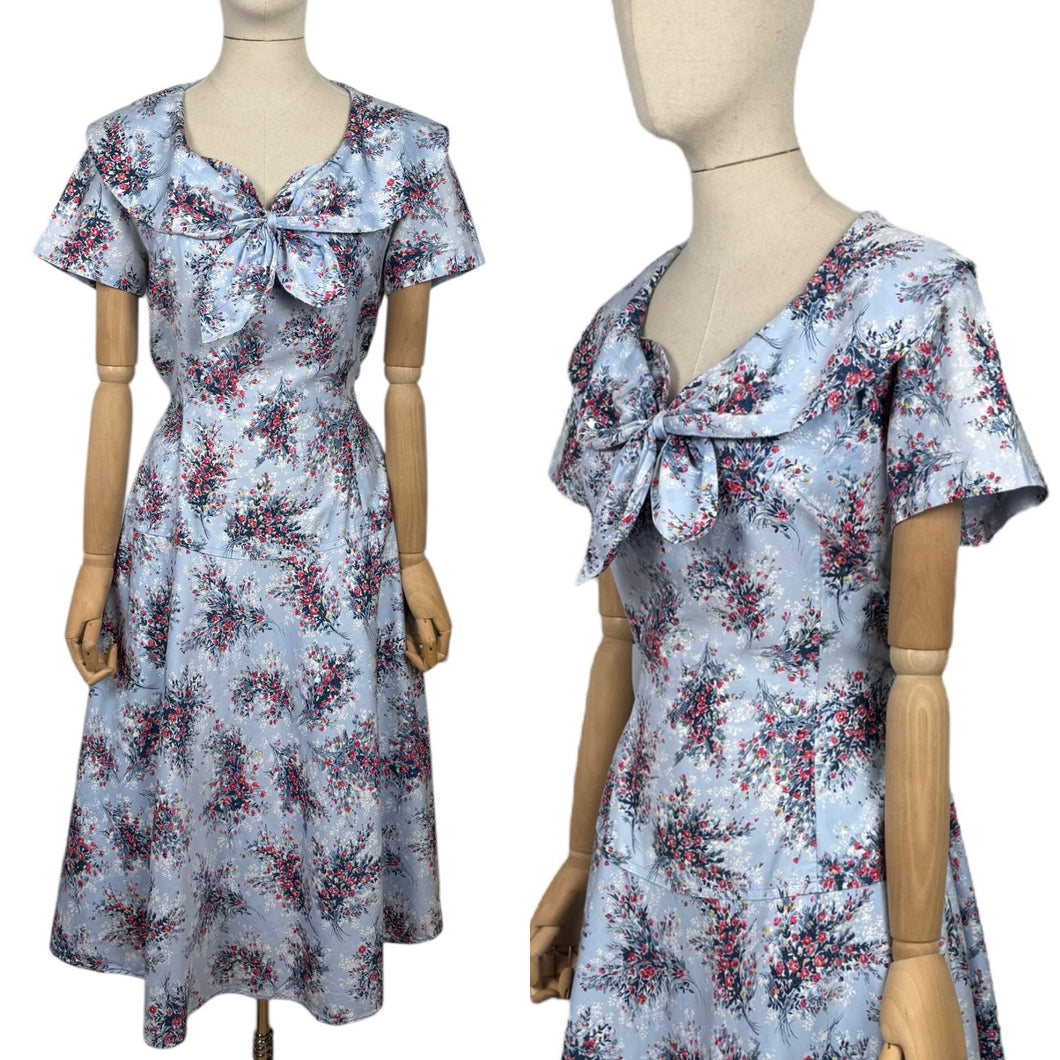Original 1950's Floppy Blue Cotton Day Dress with Floral Sprays in Red, Yellow and White - Bust 38 40