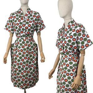 Original 1950's White, Orange, Green and Black Barkcloth Blouse and Skirt Suit - Bust 38 *