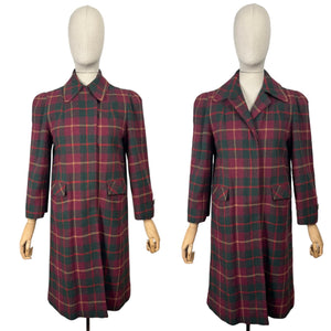 Original 1940's American Made Wool Plaid Coat in Burgundy, Green and Old Gold - Satin Lined - Bust 34 36