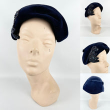 Load image into Gallery viewer, Original 1950&#39;s Dark Blue Fur Felt Hat with Bead and Sequin Trim *
