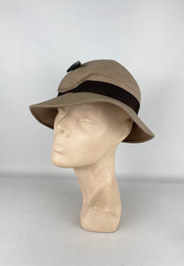 Original 1930's Taupe Seamed Felt Hat with Dark Brown Grosgrain Bow and Early Plastic Trim