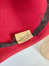 Load image into Gallery viewer, Original 1950's Red Close Fitting Felt Hat with Bow Trim by Jacoll
