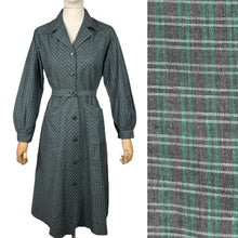 Load image into Gallery viewer, RESERVED FOR KATRINA - DO NOT BUY Original 1940’s Green and Grey Plaid Cotton Long Sleeved Belted Chore Dress with Pockets - Bust 38
