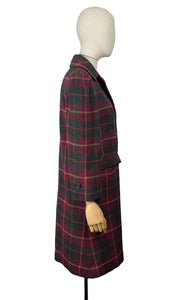 Original 1940's American Made Wool Plaid Coat in Burgundy, Green and Old Gold - Satin Lined - Bust 34 36