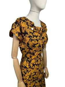 Original 1950’s Orange and Black Floral Cotton Wiggle Dress *