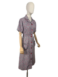 Original Volup 1930's Blue Cotton Dress with Pretty Floral Print in Red, Green and White - Bust 40 42