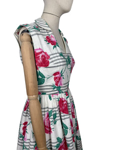 Original 1950's Crisp White Cotton Day Dress with Stripes and Roses Print - Bust 36