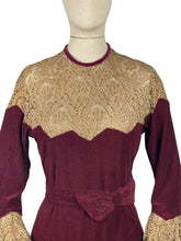 Load image into Gallery viewer, Absolutely Stunning Original 1930&#39;s Burgundy Chenille Dress With Bow Belt, Pointed Lace Yoke and Full Sleeves - Bust 34 35
