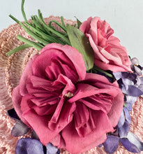 Load image into Gallery viewer, Fabulous Original 1940's New York Creations Pink Ruffle Straw Hat with Purple, Pink and Green Floral Trim
