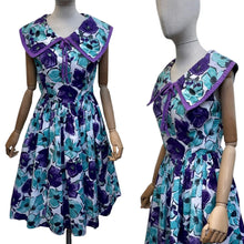 Load image into Gallery viewer, Original 1950's Vibrant Cotton Day Dress in Purple, Blue and White - Bust 36
