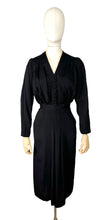 Load image into Gallery viewer, Original 1930&#39;s Volup Black Crepe Belted Day Dress with Ruffle Trim - Bust 42 44
