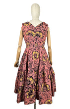 Load image into Gallery viewer, Original 1950&#39;s Salmon Pink Grosgrain Full Circle Day Dress with Bold Floral in Yellow, White and Black Flock - Bust 36
