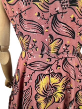 Load image into Gallery viewer, Original 1950&#39;s Salmon Pink Grosgrain Full Circle Day Dress with Bold Floral in Yellow, White and Black Flock - Bust 36
