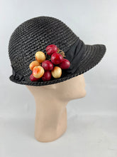 Load image into Gallery viewer, Original 1930's Black Straw Cloche Hat with Charming Red Cherry Trim *
