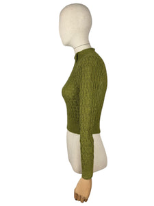 Reproduction 1930's Hand Knitted Long Sleeved Jumper in Lily Pad Green - Bust 32 34