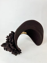 Load image into Gallery viewer, Original 1940's Dark Brown Felt Half Bonnet Hat with Felt Flower Trim by Alden House
