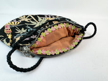 Load image into Gallery viewer, Original 1920&#39;s Black Cotton Bag with Vibrant Silk Embroidery of Flowers, Palm Trees and Buildings *
