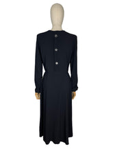 Load image into Gallery viewer, Original 1940’s Post WW2 Inky Black Crepe Cocktail Dress with Beaded Cutout Net Neckline and 11011 Label - Bust 38

