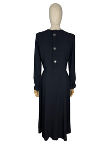 Original 1940’s Post WW2 Inky Black Crepe Cocktail Dress with Beaded Cutout Net Neckline and 11011 Label - Bust 38