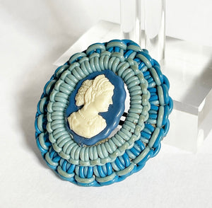 Original 1940's Make Do and Mend "Telephone Wire" Cameo Brooch in Blue and White