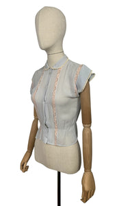 Original 1940's 1950's Powder Blue Sheer Chiffon Blouse with Pretty Lace Trim - Bust 32 33 *