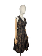 Load image into Gallery viewer, Original 1950&#39;s Petite Fit Black and Brown Floral Print Sleeveless Day Dress - Bust 32 34
