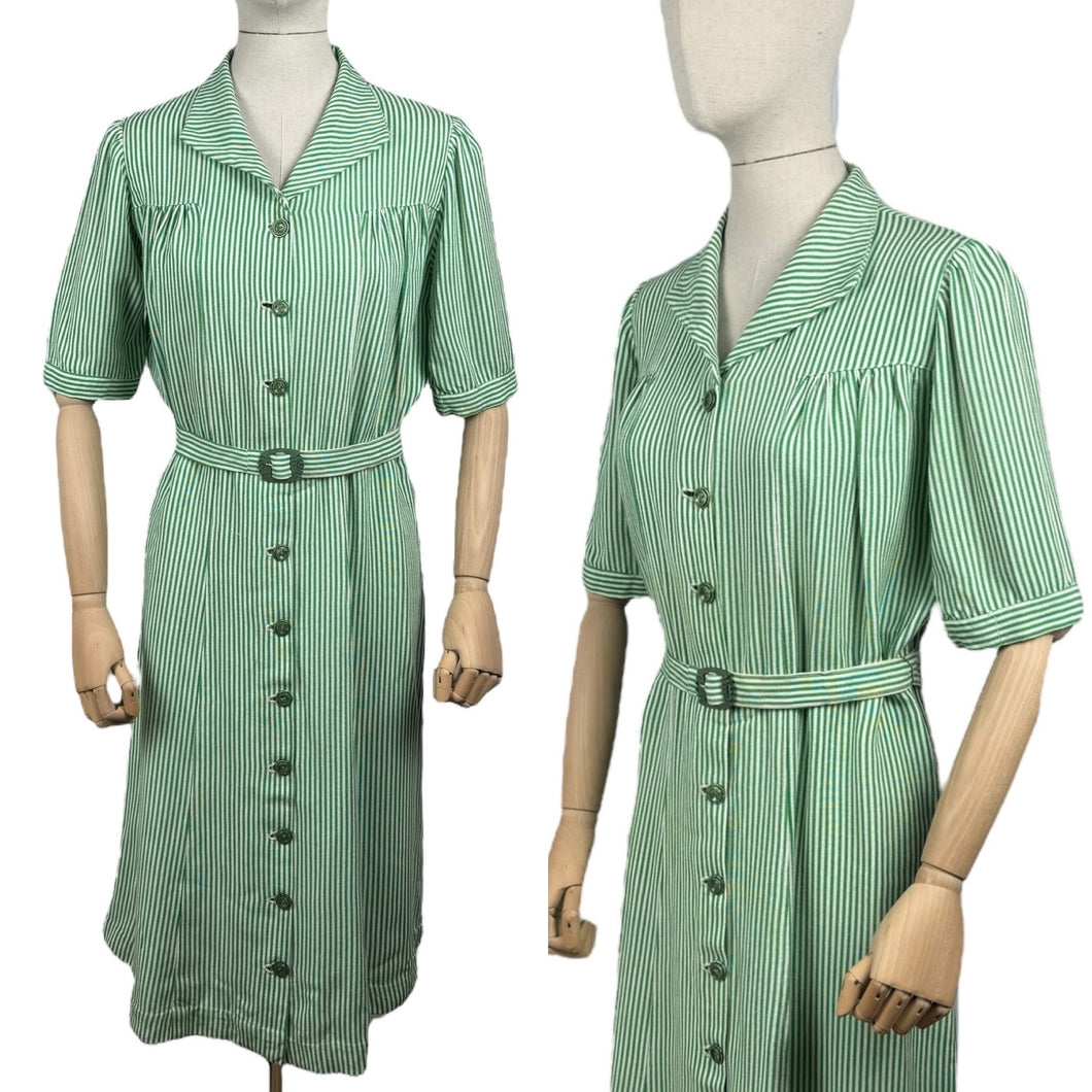 Original 1940's White and Green Candy Stripe Heavy Linen Button Front Belted Day Dress - Bust 40 42 *