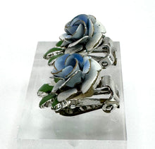 Load image into Gallery viewer, Original 1950&#39;s Mid Century Clip on Earrings by Coro - Blue and Green Enamel Roses
