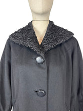 Load image into Gallery viewer, Original 1950's Hilmorn Reg'd Inky Black Wool Coat with Astrakhan Fur Trim - Bust 42 44
