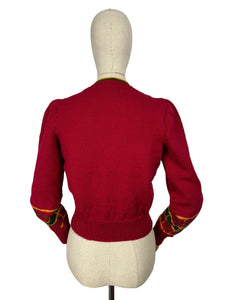 Late 1930's Reproduction Hand Knitted Long Sleeved Ski Jacket in Cranberry Red, Mustard Yellow, Bottle Green and Chocolate Brown Pure Wool  - Bust 36 37