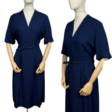 Load image into Gallery viewer, Original 1950&#39;s Dark Blue Moygashel Linen Classic Belted Day Dress by Rembrandt - Great Button Detail - Bust 38 *
