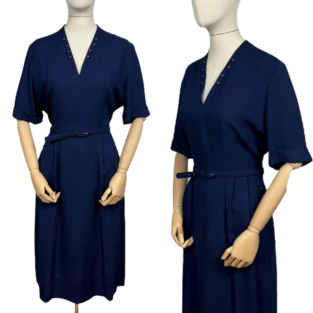 Original 1950's Dark Blue Moygashel Linen Classic Belted Day Dress by Rembrandt - Great Button Detail - Bust 38 *