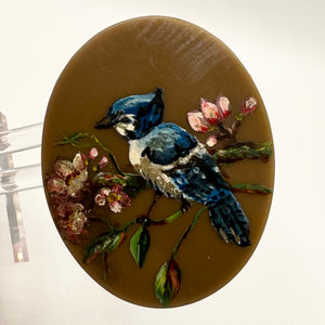 Beautiful Original 1940's Hand Painted Brooch Featuring a Blue Jay and Flowers