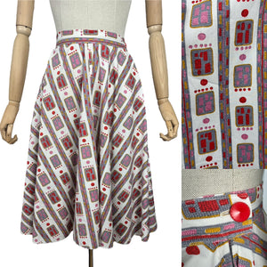 Original 1950's Full Circle Skirt in Abstract Print of Pink, Red, Mustard and Grey on White - Waist 27"