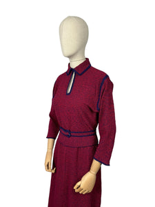 Original 1940's 1950's Brittany Club Sports Clothes by Marinette Three Piece Knit Set in Cranberry Red and French Navy Boucle Wool - Bust 36 38