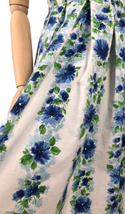 Original 1950's White and Blue Floral Stripe Cotton Dress Made in France - Bust 34 35 *