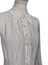 Load image into Gallery viewer, Original 1940&#39;s Semi Sheer Chiffon Crepe Long Sleeved Embroidered Blouse with Faux Pearl Buttons - Bust 36
