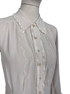 Original 1940's Semi Sheer Chiffon Crepe Long Sleeved Embroidered Blouse with Faux Pearl Buttons - Bust 36