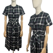 Load image into Gallery viewer, Original 1950&#39;s Black, Purple, White and Teal Plaid Cotton Belted Day Dress - Bust 32 34 *
