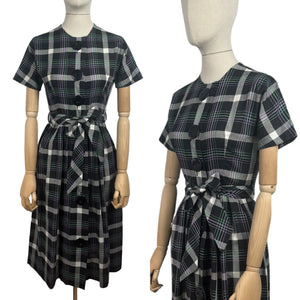 Original 1950's Black, Purple, White and Teal Plaid Cotton Belted Day Dress - Bust 32 34 *